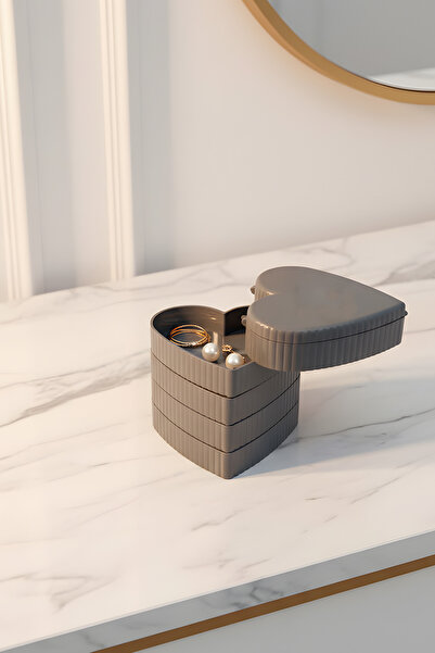 ZURİ DESİGN Heart-Shaped Foldable Jewelry and Accessory Organizer – Gray Color with Mirror