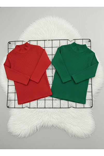 FATELLA Girl and Boy Children's 2-Pack Red Green Corded Fabric Half Turtlenec...