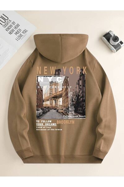 MANCY Unisex New York Printed Oversize Winter 3 Thread 100% Cotton Hooded Swe...