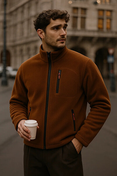 COMBİNE MİCHAİL سترة رجالية فضفاضة من الصوف بـ ياقة مرتفعة متوسطة الطول سحابات باللون البني