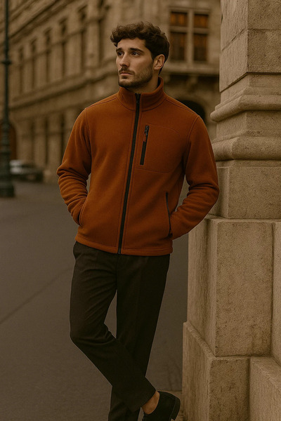 COMBİNE MİCHAİL Erkek Dik Yaka Fermuarlı Kahve Bol Polar