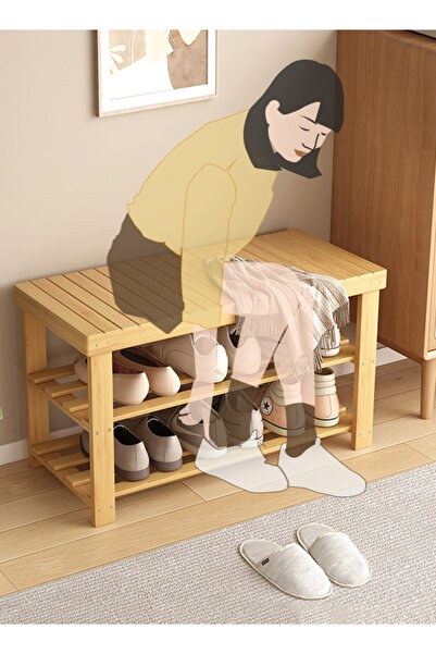 Generic مقعد من الخيزران لتخزين الأحذية بثلاث طبقات، منظم لتخزين الأحذية عند المدخل