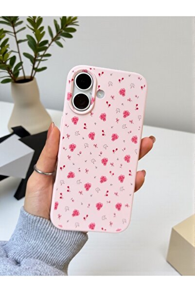 KVK PRİVACY iPhone 16 Uyumlu Pembe Çiçek Desenli Lansman Liquid Silikon Yumuşak Kılıf