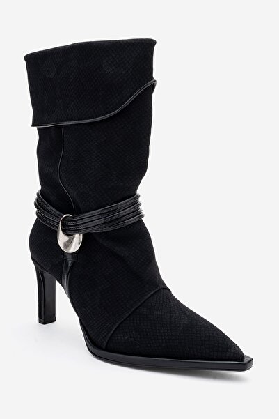 LuviShoes Γυναικείες μπότες με τακούνι MYRA με μαύρο σχέδιο με με ρέλι αγκράφες