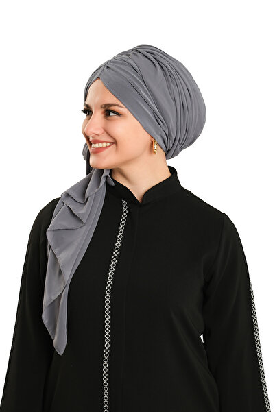 HÜRREM BONE Anthracite Practical Ready-To-Wear Bonnet Shawl Chiffon Draped 2507_25