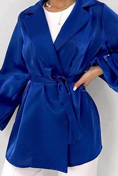 Tesettür Diyarı Balloon sleeve satin fabric hijab belted jacket - Cobalt