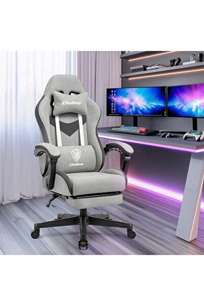 Chulovs Gaming Chair - Ergonomic Reclining with Footrest, Lumbar Support (Grey)