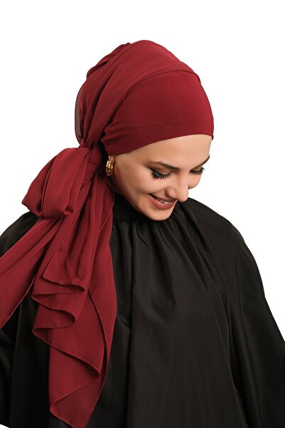 HÜRREM BONE Burgundy Practical Ready-To-Wear Bonnet Shawl Chiffon Plain 2506_16