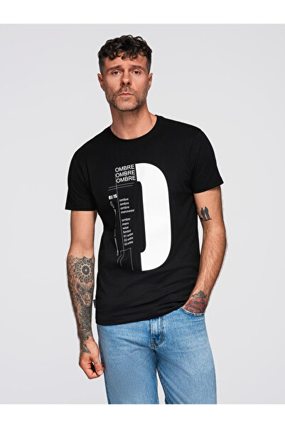 OMBRE Ανδρικό μπλουζάκι με μεγάλη στάμπα - μαύρο V3 OM-TSPT-0166