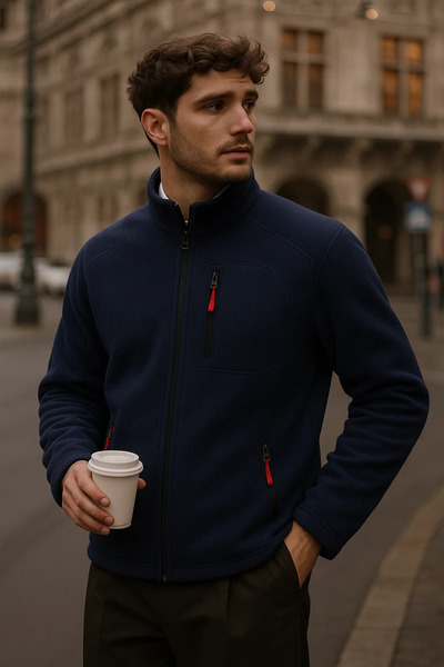 COMBİNE MİCHAİL Erkek Dik Yaka Fermuarlı Lacivert Bol Polar