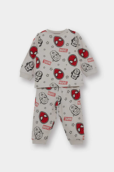 DeFacto F4579A5Gr470 Gray Baby Boy Marvel Comics Pajama Set Combed Cotton Long Sleeve Top Long Bottom