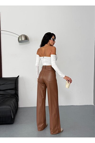 Zeo Basic Women's Wide Leg Velvet Inside Fleece-Lined Faux Leather Trousers Brown Tan