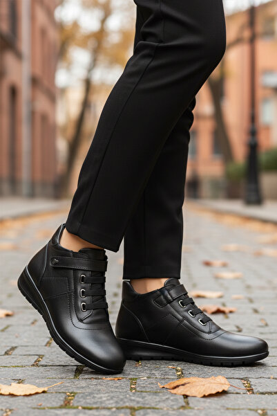 AYAKMOD Μαύρες γνήσιες δερμάτινες γυναικείες μπότες μέχρι τον αστράγαλο PLV15...