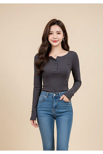 Köstebek Düğmeli Düz Renk Basic Uzun Kollu Bluz