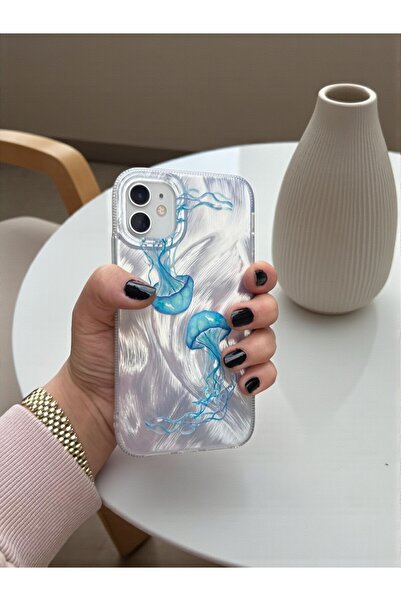 KVK PRİVACY iPhone 11 Compatible Jellyfish Patterned Feathered Hologram Silicone Case