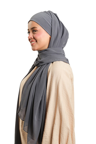 HÜRREM BONE Anthracite Practical Ready-To-Wear Bonnet Shawl Chiffon Plain 2506_25