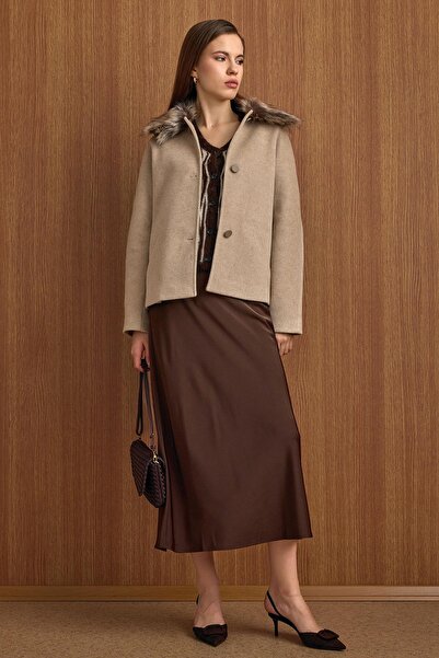 Olcay Short Fur Coat with Detachable Collar Taş 3158