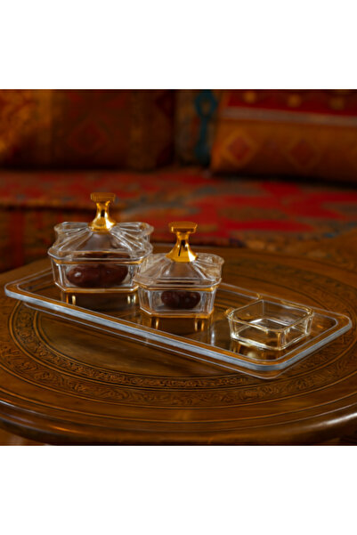 Dania مجموعة من علبتي تمر أكريليك مع صينية تقديم وطبق ذهبي