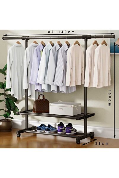 Noor Iron clothes rack consisting of a hanger and 2 shelves, with wheels, bla...