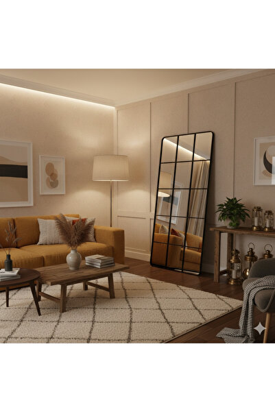 Generic Minimalist Black Frame Windowpane Floor Mirror