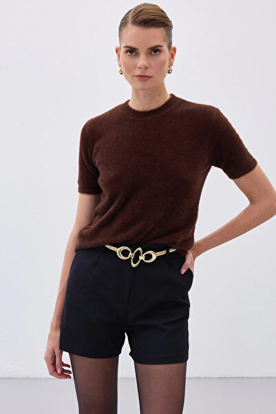 Sateen Sakallı Kısa Kol Triko - Kahve