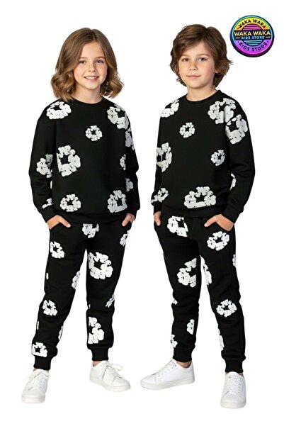 ww waka waka kids store Children's Unisex Black and White Patterned Double Suit