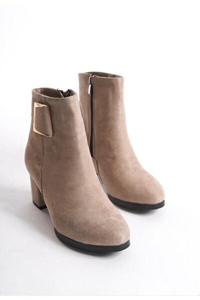 beelleshoe Kadın LOLA BEJ SÜET Toka Detaylı Topuklu Kısa KIŞLIK Bot