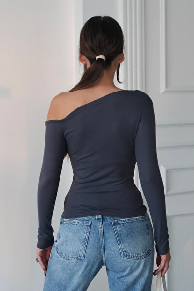 modavingo Women's Anthracite One-Shoulder Boat Neck Soft Textured Bodysuit