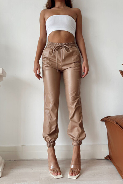 FashionForYou Jezebel high waisted -leather pants with drawstring, Beige