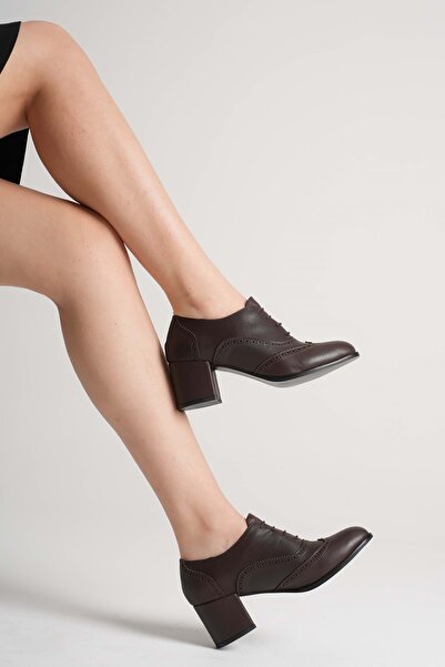 ANALİN SHOES Women's Genuine Leather Laser Detailed Stylish Heeled Shoes - Brown