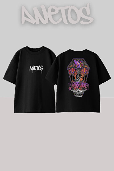 Anetos Black Sabbath 10 Design Back cu imprimeu Bumbac Negru supradimensionat...