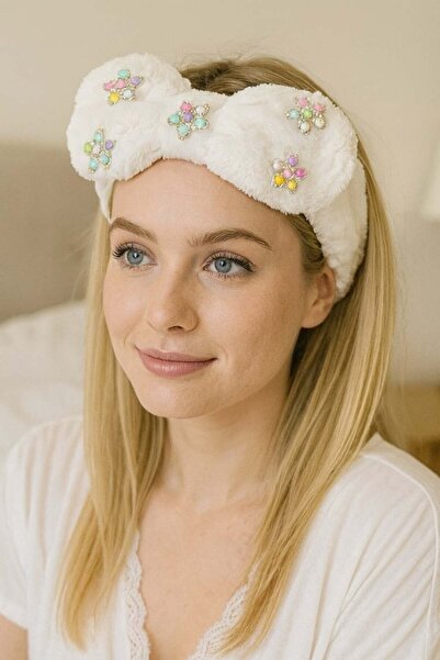 TAKIŞTIR White Color Ribbon Figured Plush Hair Band with Flower Detail