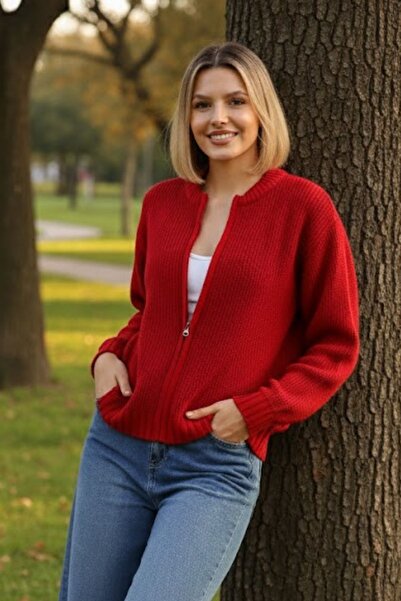 Marvine Women's Beige Zippered Trendy Knit Cardigan