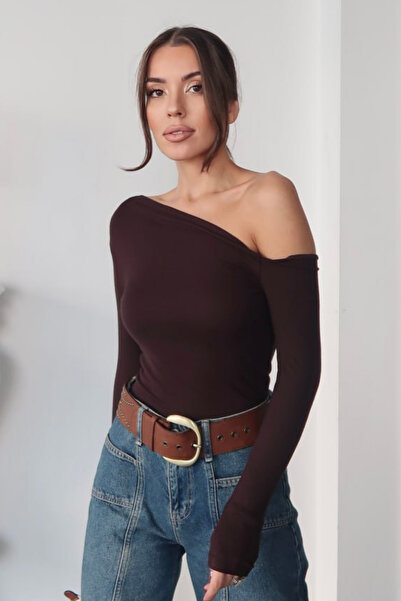 modavingo Women's Brown One Shoulder Boat Neck Soft Textured Bodysuit