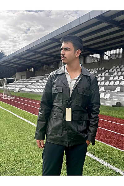 Saay Erkek Siyah Deri Trençkot