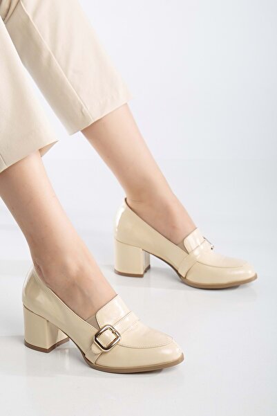 ANALİN SHOES Women's Genuine Leather Buckle Detailed Heeled Shoes - Beige Patent Leather