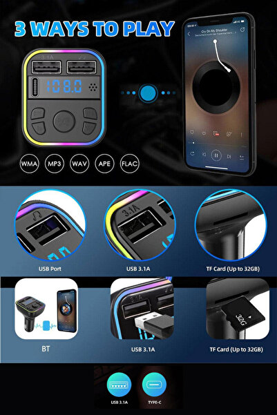 TEKMAKG Bluetooth Araç Kiti FM Transmitter G39 Rainbow LED USB Type-C Hızlı Şarj MP3 Oynatıcı
