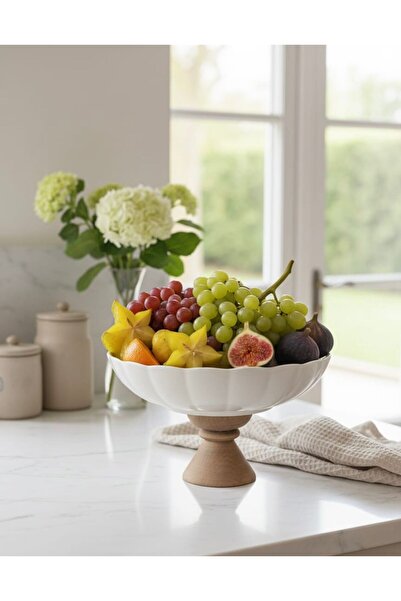 FARALYAHOME Porcelain Round Salad - Fruit Bowl with Wooden Legs 25 cm