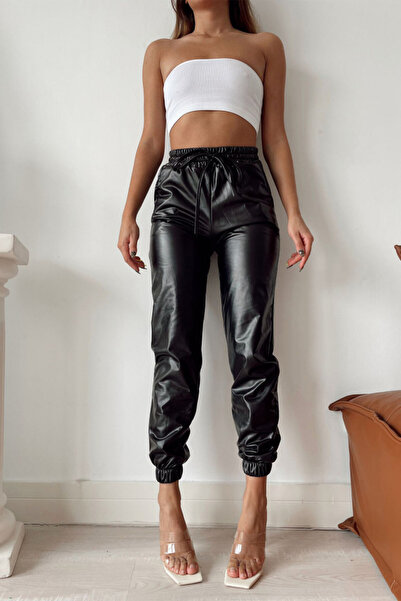 FashionForYou Jezebel high waisted -leather pants with drawstring, Black
