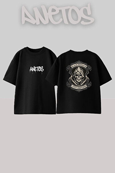 Anetos Tricou negru supradimensionat din bumbac cu imprimeu pe spate Black Sa...
