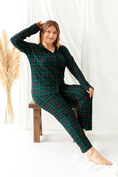 nisaNCa Plus Size Winter Buttoned Plaid Pattern New Year Themed Women's Suede Pajama Set