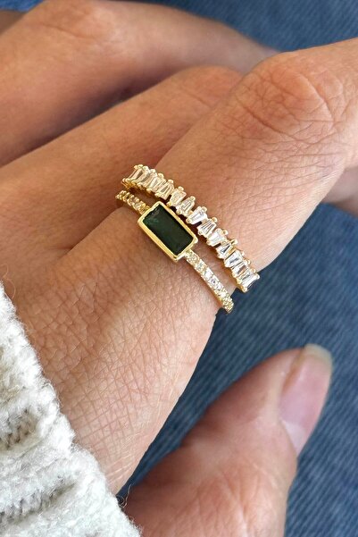 TAKIŞTIR Gold Color Green Stone Detailed Adjustable Steel Ring