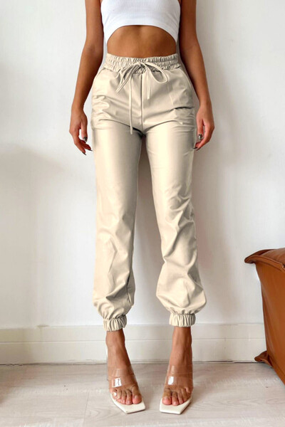 FashionForYou Jezebel high waisted -leather drawstring pants, Butter white