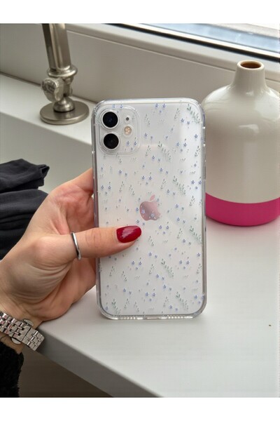 KVK PRİVACY iPhone 12 Compatible Transparent Floral Pattern Soft Camera Protection Silicone Case