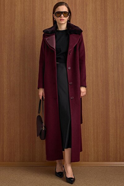 Olcay Removable Fur Leather Paneled Premium Fabric Coat Mürdüm 3153