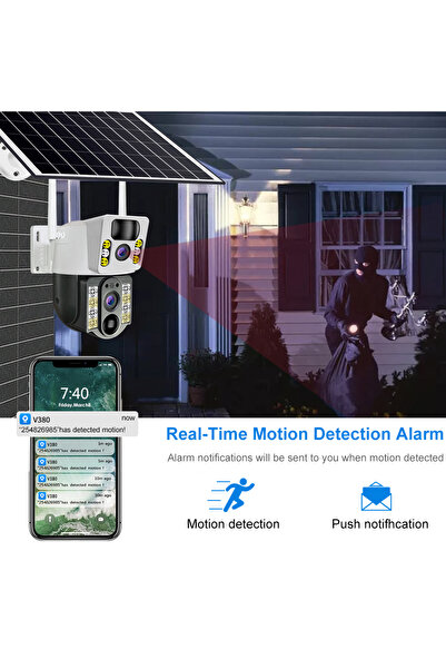 V380 Pro V380 Dual Lens 4.0MP H.265 Wi-Fi Solar-Powered Security Camera with Two-Way Audio, LED Night Vision