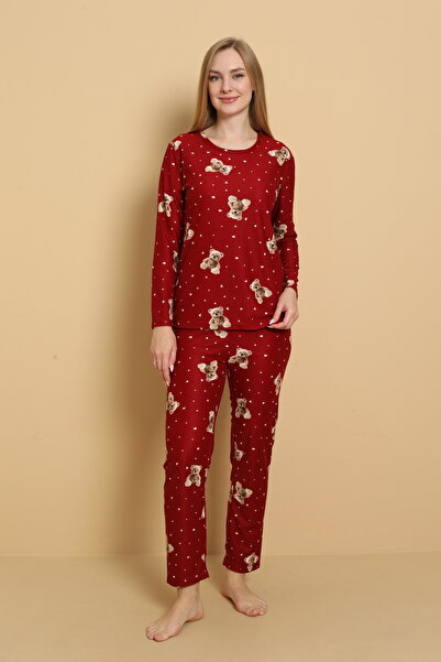 STELLAPİNK Süet Ayıcık ve Kalp Desenli Uzun Kollu Pijama Takımı