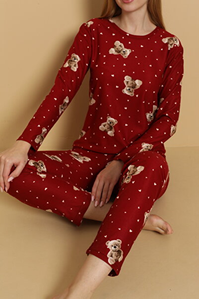 STELLAPİNK Süet Ayıcık ve Kalp Desenli Uzun Kollu Pijama Takımı