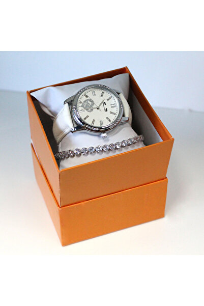 FashionForYou Matteo Ferari Waterproof watch set, -leather strap and matching bracelet, One Heart,White/Silver