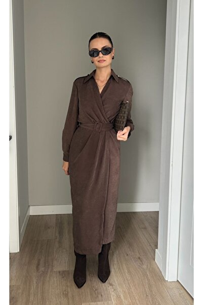 NİLU Süet Kumaşlı Kemer Detaylı Kahverengi Elbise